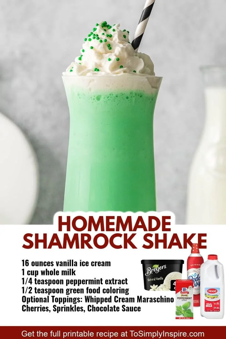 A homemade Shamrock Shake topped with whipped cream and a cherry