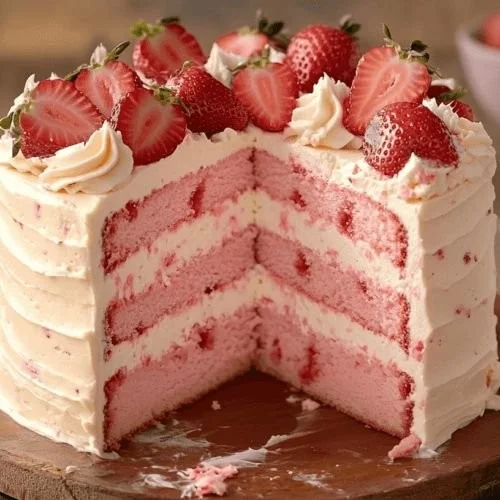 Delicious homemade strawberry cake topped with fresh strawberries.
