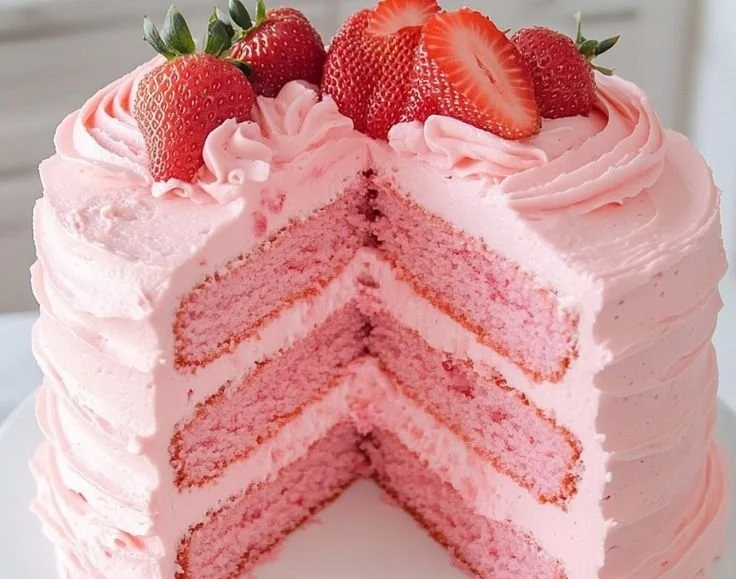 Delicious homemade strawberry cake with strawberry frosting on a rustic table