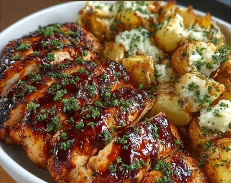 Delicious Honey BBQ Chicken served with Garlic Parmesan Potatoes on a plate