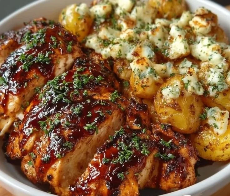 Honey BBQ Chicken served with garlic parmesan potatoes on a plate