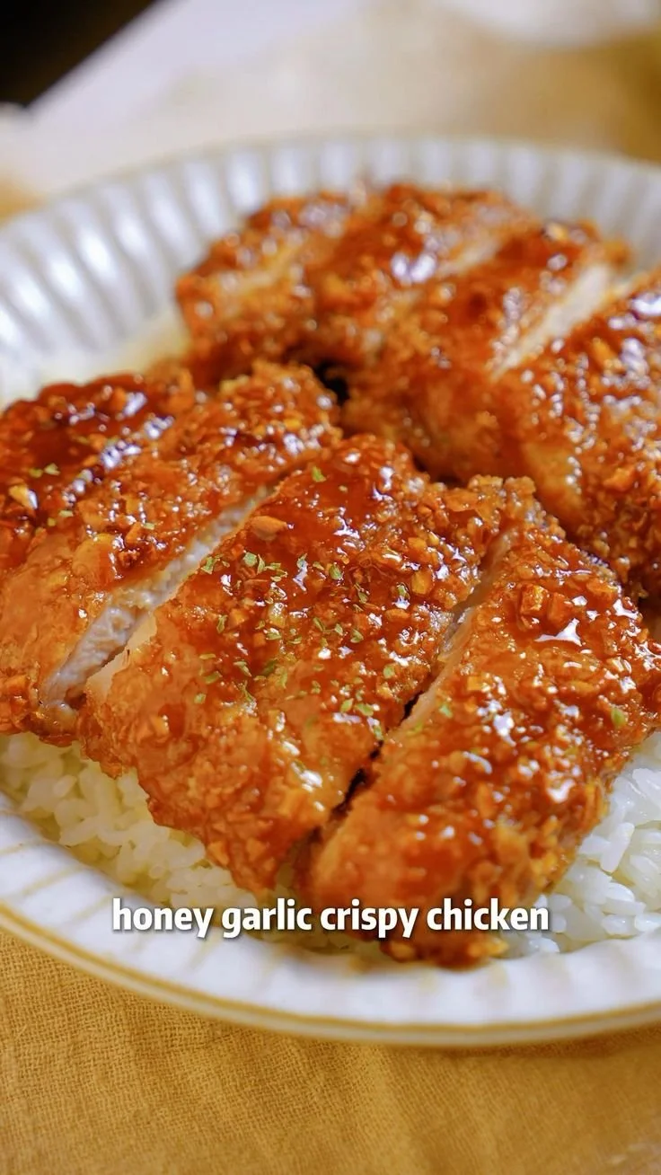 Honey Garlic Crispy Chicken served with a savory glaze and crispy texture.