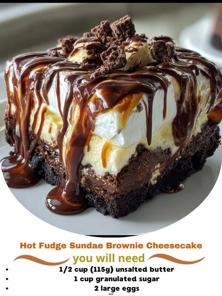Hot Fudge Sundae Brownie Cheesecake topped with hot fudge sauce and whipped cream.