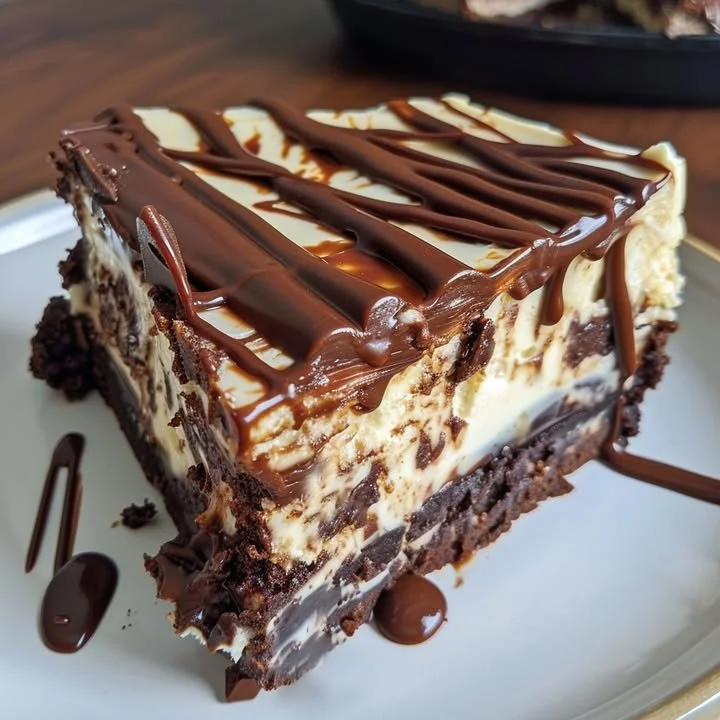 Hot Fudge Sundae Cheesecake with brownies, whipped cream, and chocolate drizzle