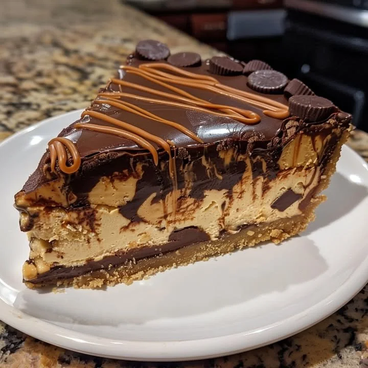 Irresistible Reese's peanut butter cup cheesecake topped with chocolate and peanut butter.