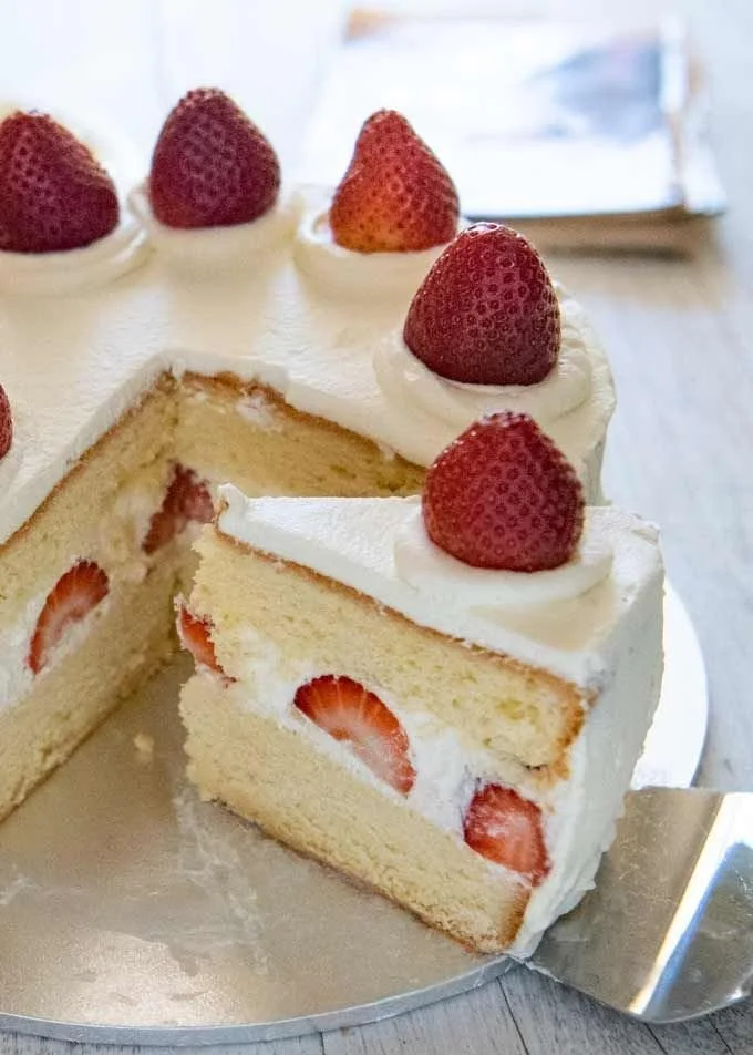 Japanese strawberry shortcake featuring layers of sponge cake and fresh strawberries