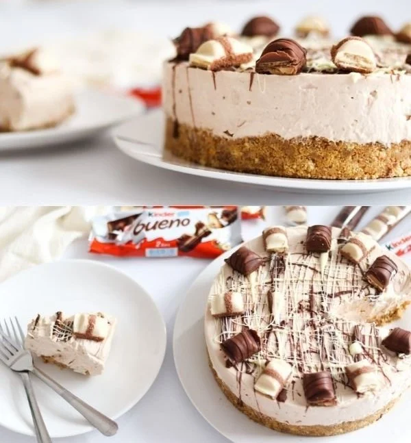Delicious Kinder Bueno no bake cheesecake topped with chocolate and hazelnut