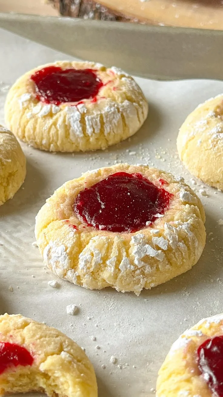 Lemon cookies topped with raspberry curd on a white plate