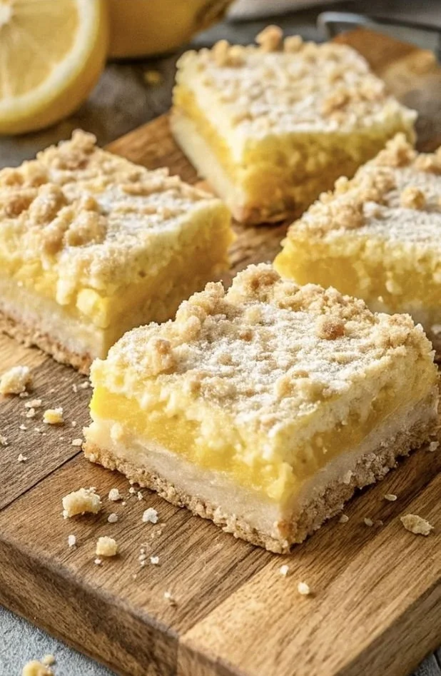 Delicious Lemon Crumb Bars topped with buttery crumble.