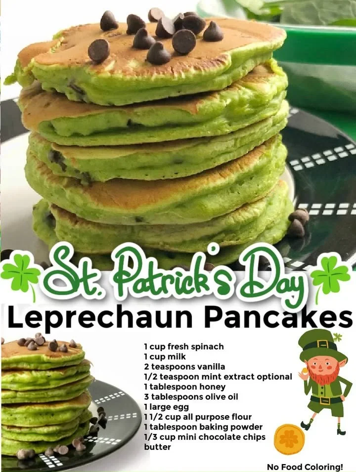 Stack of Leprechaun Pancakes with mint chocolate chips on a festive plate.