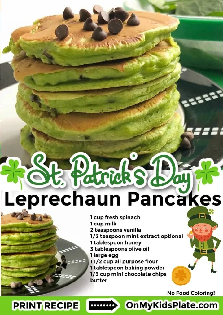 Stack of Leprechaun Pancakes with mint chocolate chips on a festive plate.