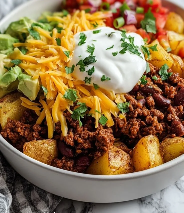 Delicious loaded potato taco bowl topped with fresh ingredients and spices.