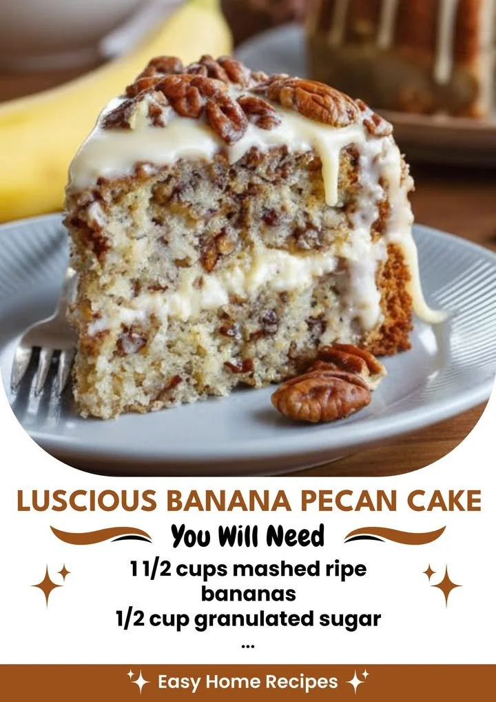 Luscious Banana Pecan Cake topped with nuts and bananas on a plate