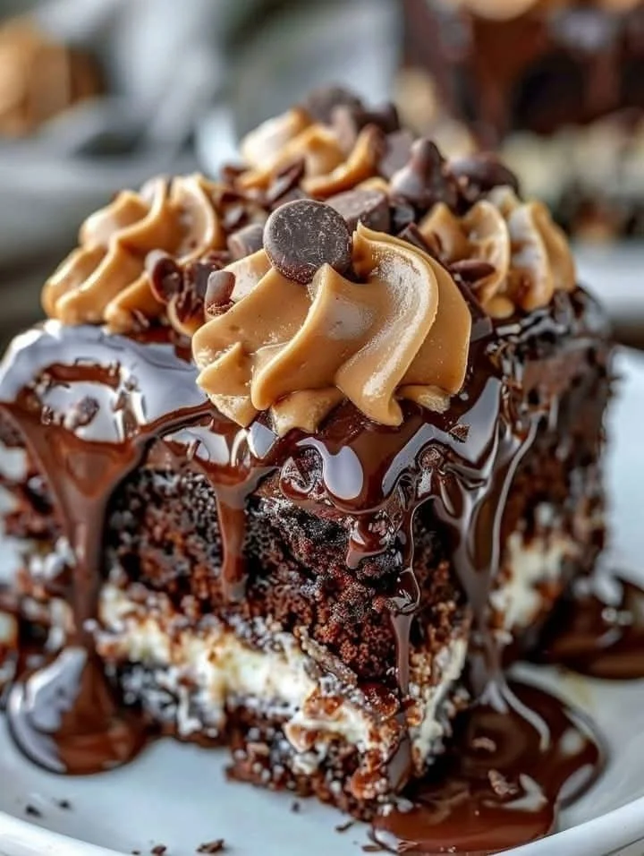 Luxurious German chocolate poke cake with rich chocolate ganache and coconut topping