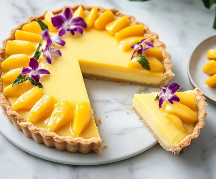 Mango Curd Tart topped with fresh mango slices and mint leaves