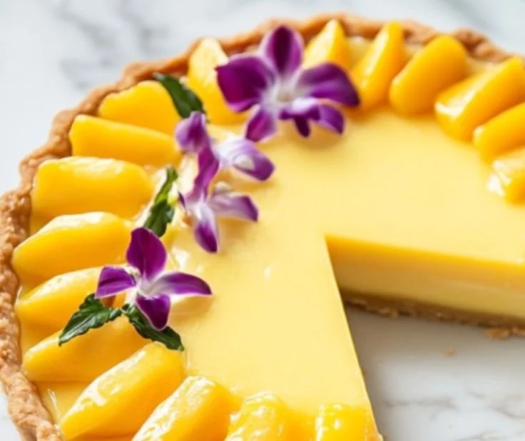 Delicious mango curd tart with a buttery crust and vibrant mango filling