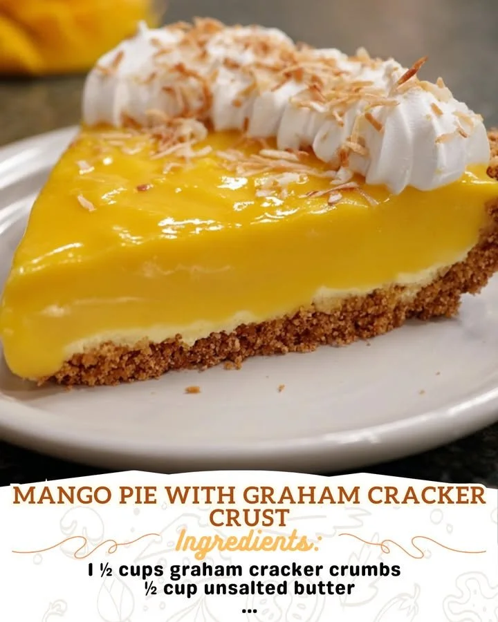 Delicious mango pie with a crispy graham cracker crust served on a plate