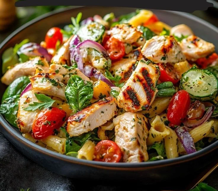 Delicious Mediterranean Chicken Pasta Salad with fresh veggies and herbs
