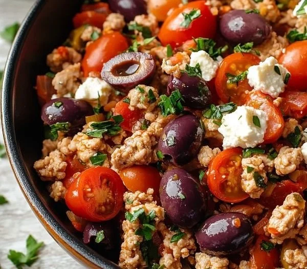 Mediterranean Keto Skillet with ground chicken, olives, and feta cheese