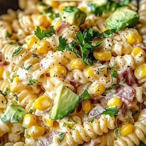 Bowl of Mexican Street Corn Pasta Salad with fresh ingredients