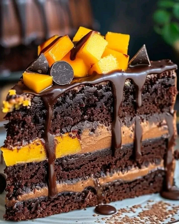Decadent Midnight Fudge Mango Cake with rich chocolate and fresh mango layers