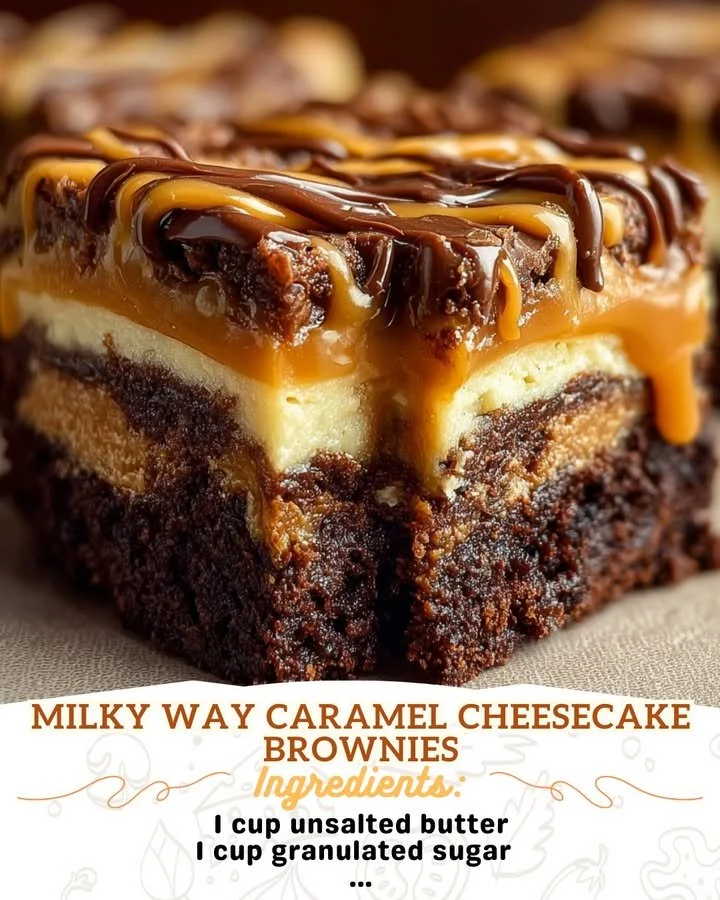 Milky Way Caramel Cheesecake Brownies topped with chocolate and caramel