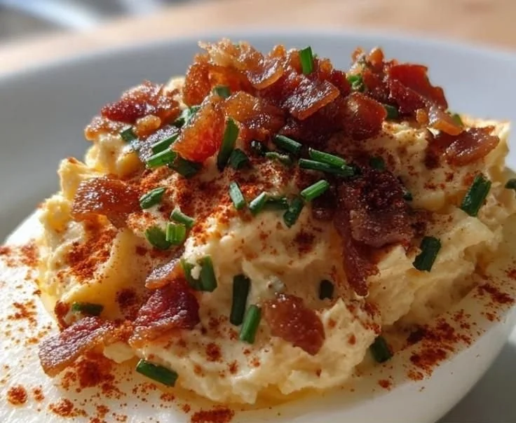 Delicious Million Dollar Bacon Deviled Eggs topped with crispy bacon.