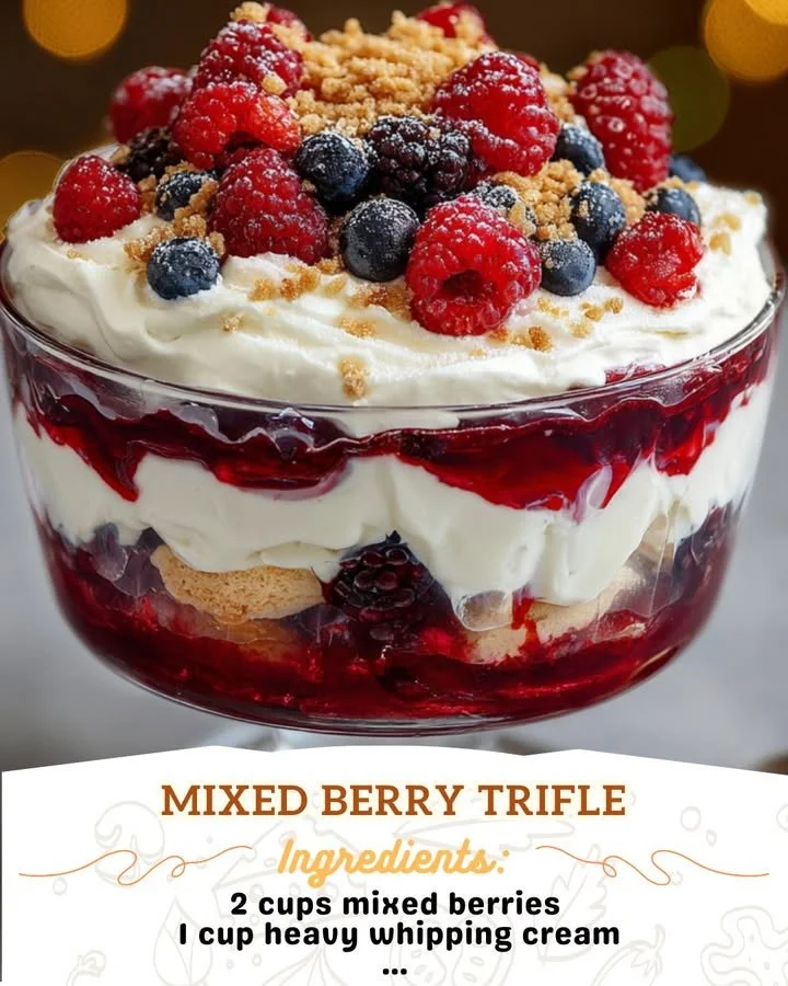 Mixed berry trifle with strawberries, blueberries, and whipped cream layers
