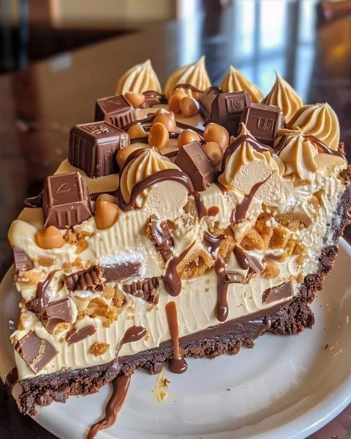 Delicious Reese's Peanut Butter Cup Cheesecake topped with chocolate and peanut butter
