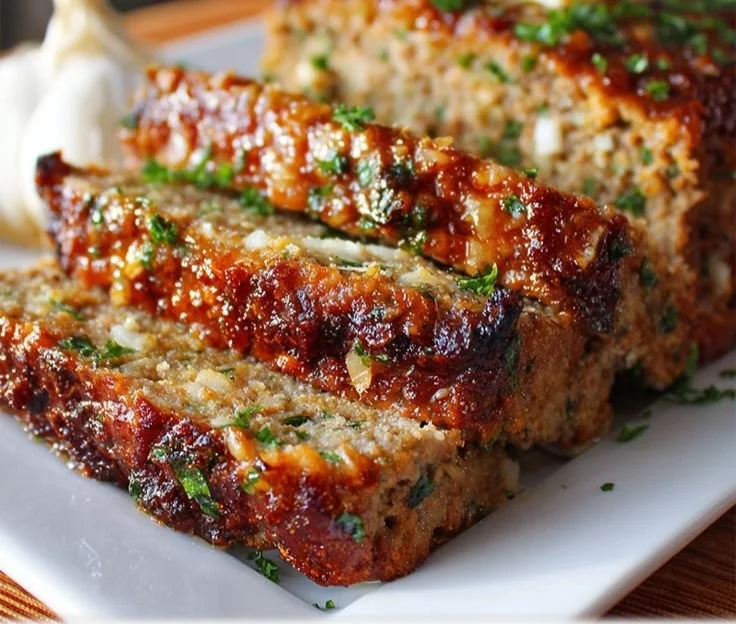 Delicious Garlic Parmesan Meatloaf freshly baked and garnished