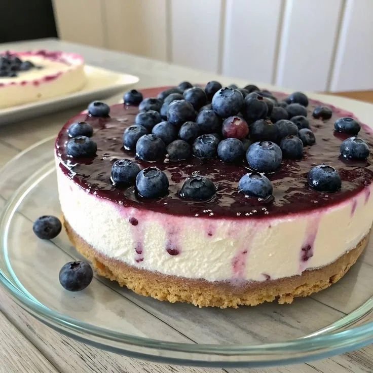 Creamy no bake blueberry cheesecake topped with fresh blueberries