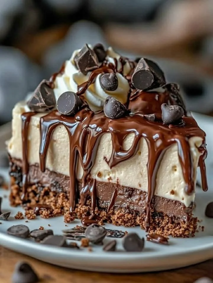 Delicious no-bake chocolate cheesecake topped with chocolate drizzle.