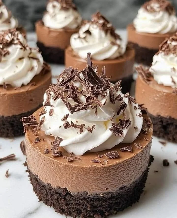 Delicious no bake mini chocolate cheesecakes topped with chocolate shavings