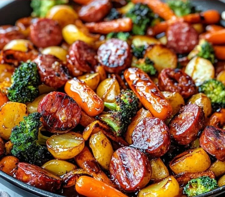 One-pan honey garlic kielbasa with colorful vegetables for a quick meal