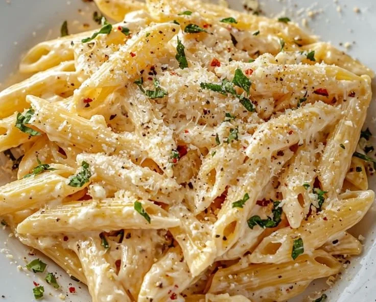 One pot creamy garlic pasta dish with herbs and garlic