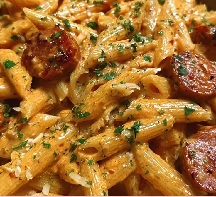 Creamy Spicy Cajun Sausage Pasta served in a bowl with fresh herbs.