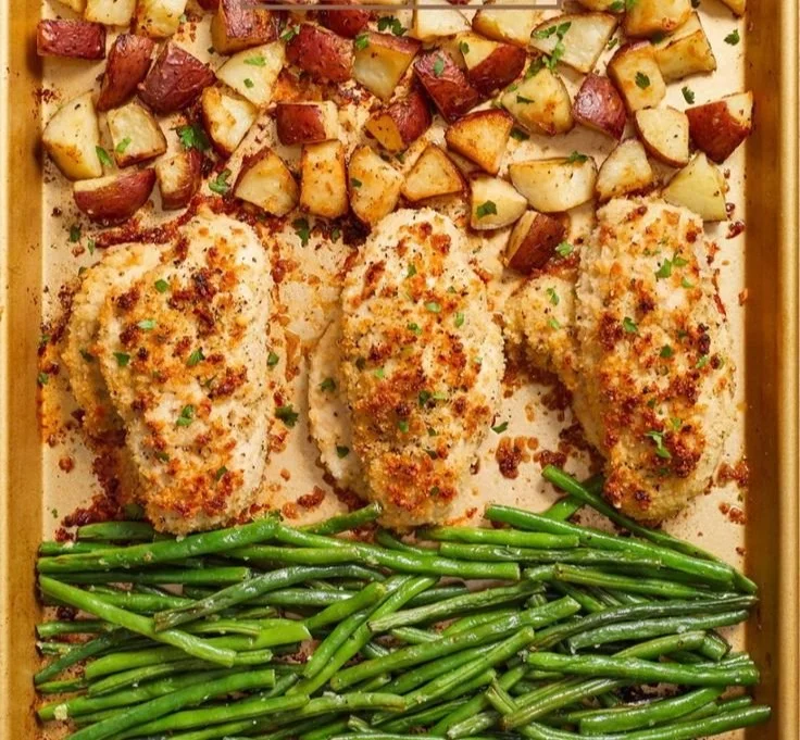 Parmesan Crusted Chicken Sheet Pan Dinner with vegetables