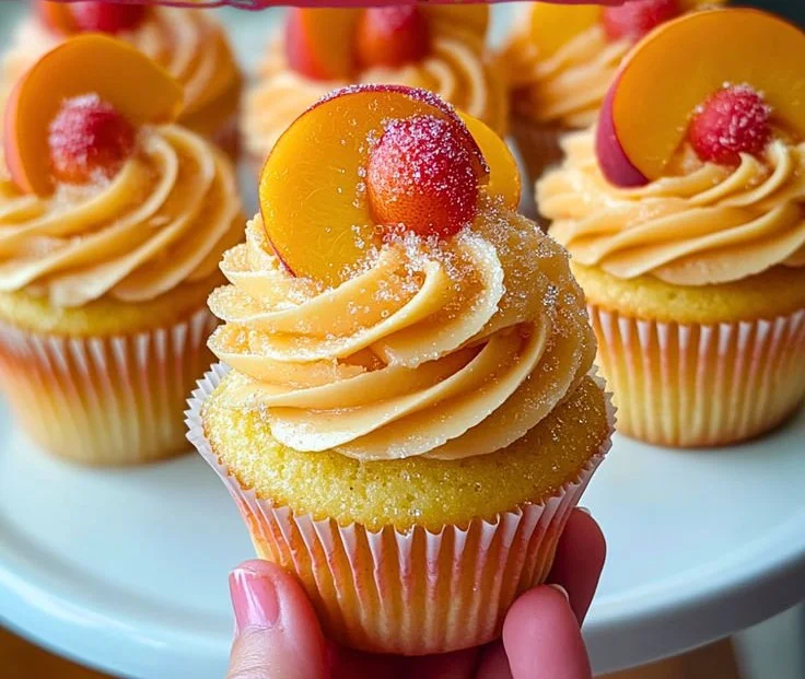 Delicious Peach Bellini Cupcakes topped with peach frosting and sparkling decor.
