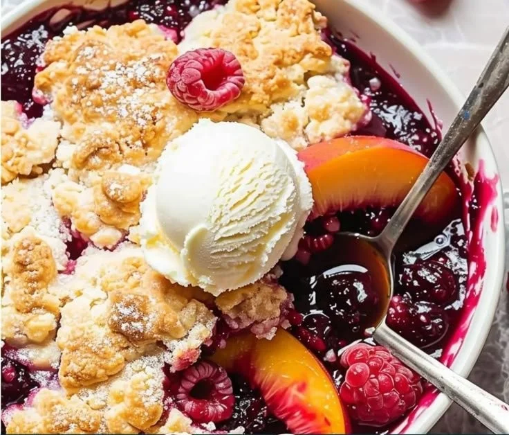 Delicious peach cobbler with fresh raspberries baked to perfection
