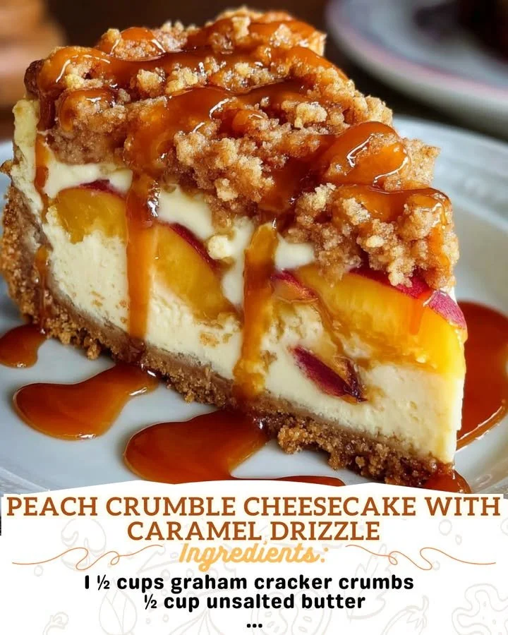 Delicious Peach Crumble Cheesecake topped with caramel drizzle and fresh peaches