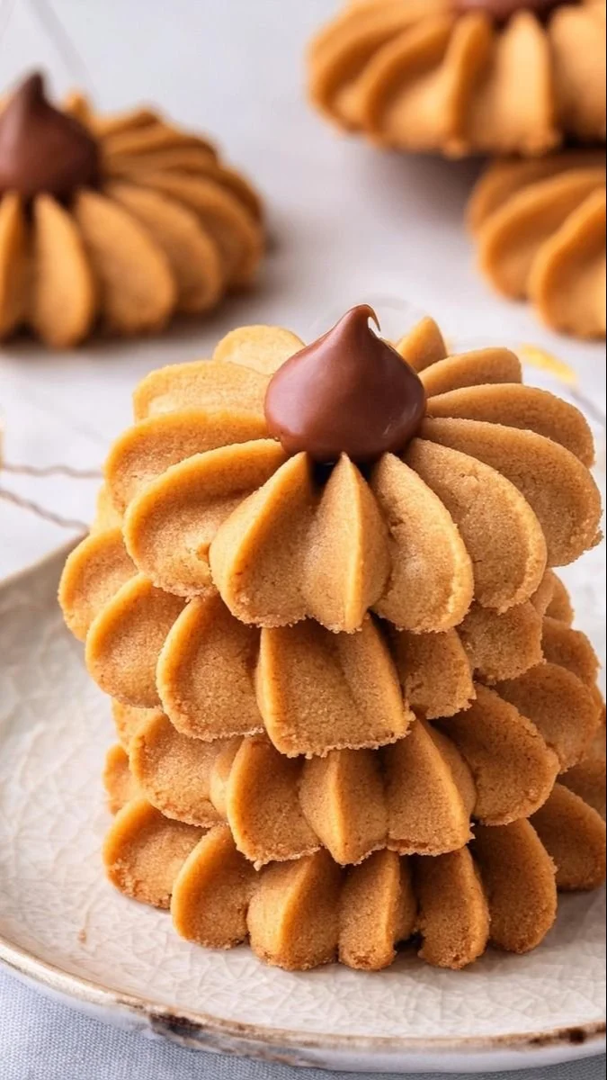Delicious peanut butter blossoms cookies topped with chocolate kisses on a plate.