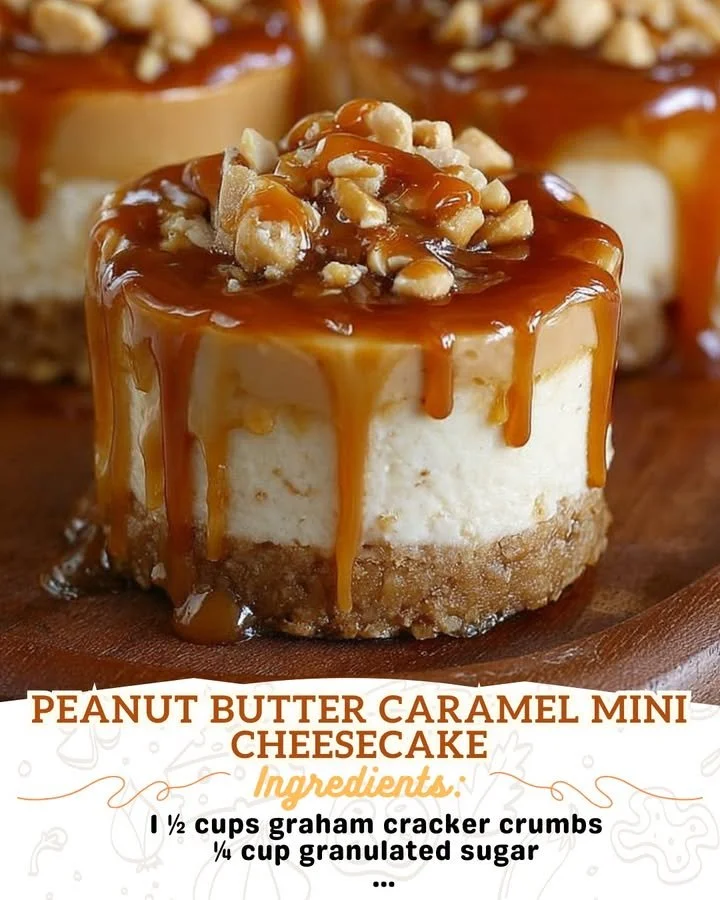 Peanut Butter Caramel Mini Cheesecake dessert on a plate