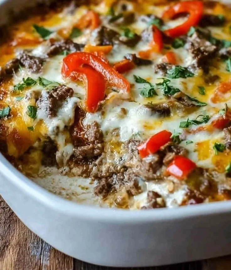 Philly cheesesteak skillet with beef, cheese, and peppers in a frying pan