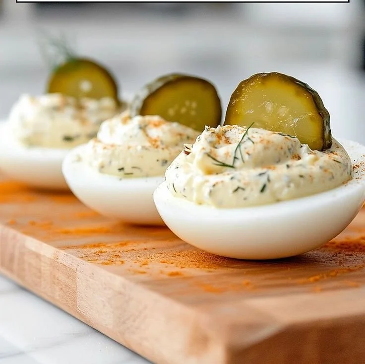 Pickle Lover Deviled Eggs served on a platter, garnished with herbs.