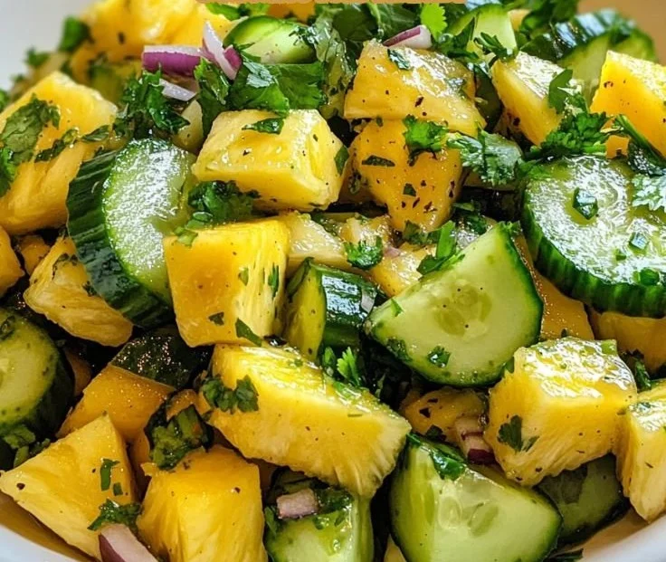Delicious Pineapple Cucumber Salad served in a bowl with fresh herbs.