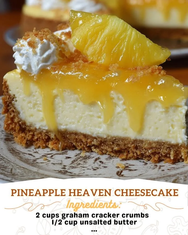 Delicious Pineapple Heaven Cheesecake topped with fresh pineapple slices.