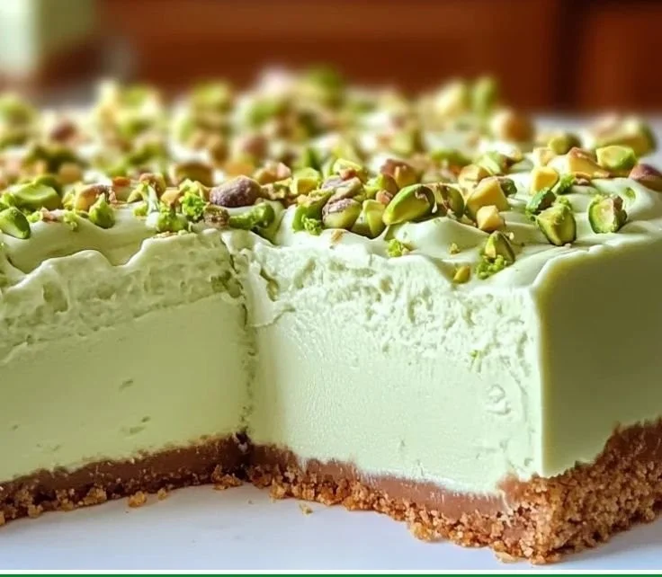 Delicious no-bake pistachio cheesecake topped with crushed pistachios.
