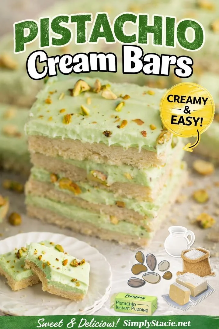 Pistachio Cream Bars with a rich green filling and garnished with nuts