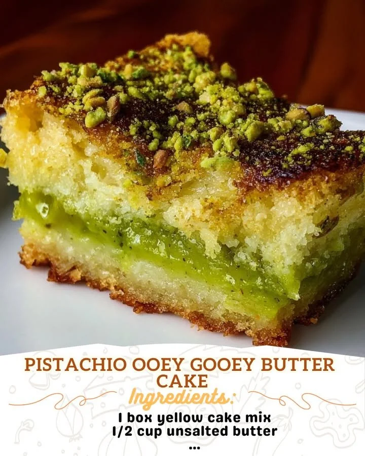 Pistachio butter cake, soft and sticky dessert, garnished with crushed pistachios.