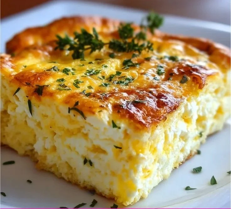 Protein packed cottage cheese egg bake served on a white plate for breakfast.
